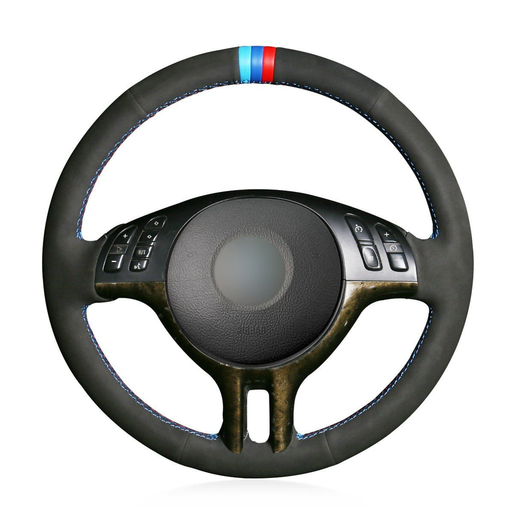 MEWANT Black Leather Suede Car Steering Wheel Cover for BMW E46 318i 325i 330ci / E39 / X5 E53 / Z3 E36/7 E36/8 - Alcantara, Leather, Carbon Fiber, Easy Install, Non - Slip, Best Steering Wheel Cover