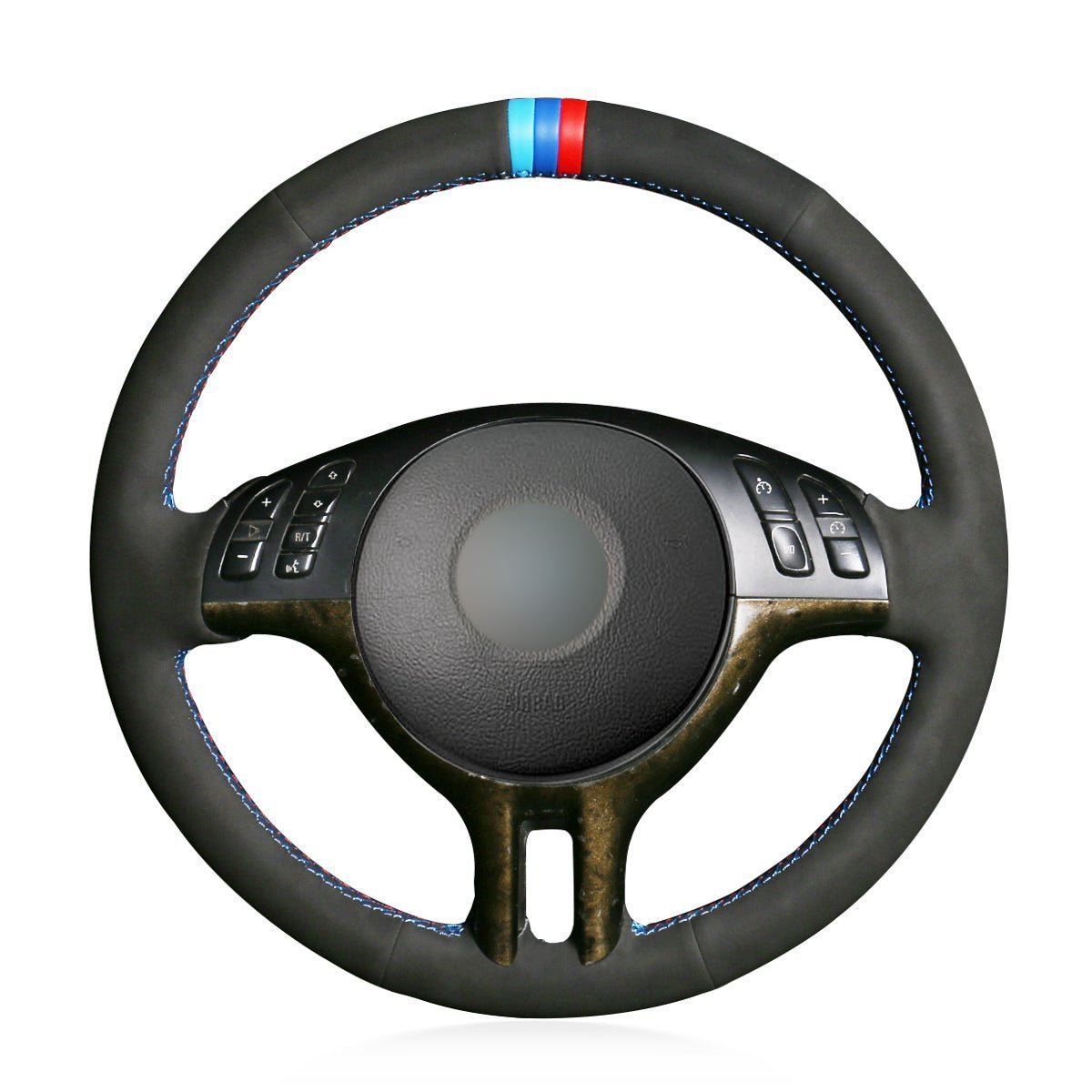 MEWANT Black Leather Suede Car Steering Wheel Cover for BMW E46 318i 325i 330ci / E39 / X5 E53 / Z3 E36/7 E36/8 - Alcantara, Leather, Carbon Fiber, Easy Install, Non - Slip, Best Steering Wheel Cover