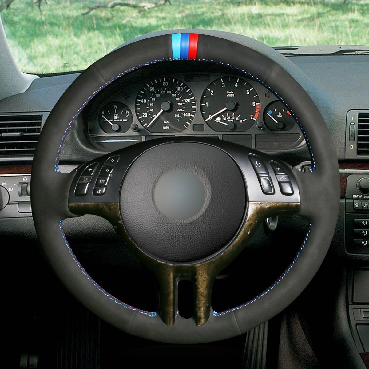 MEWANT Black Leather Suede Car Steering Wheel Cover for BMW E46 318i 325i 330ci / E39 / X5 E53 / Z3 E36/7 E36/8 - Alcantara, Leather, Carbon Fiber, Easy Install, Non - Slip, Best Steering Wheel Cover
