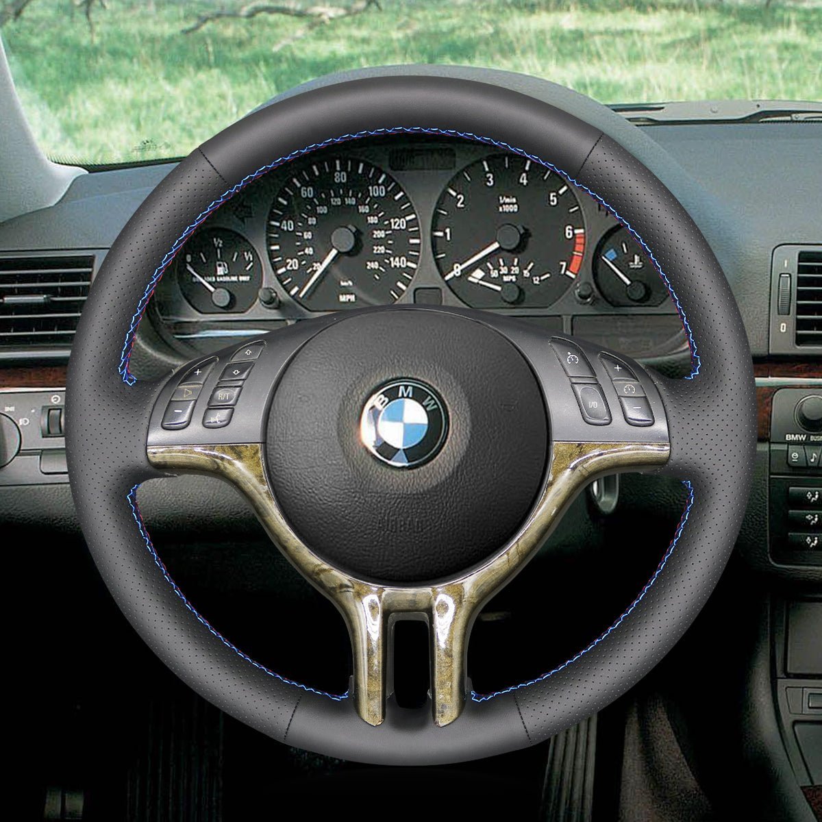 MEWANT Black Leather Suede Car Steering Wheel Cover for BMW E46 318i 325i 330ci / E39 / X5 E53 / Z3 E36/7 E36/8 - Alcantara, Leather, Carbon Fiber, Easy Install, Non - Slip, Best Steering Wheel Cover