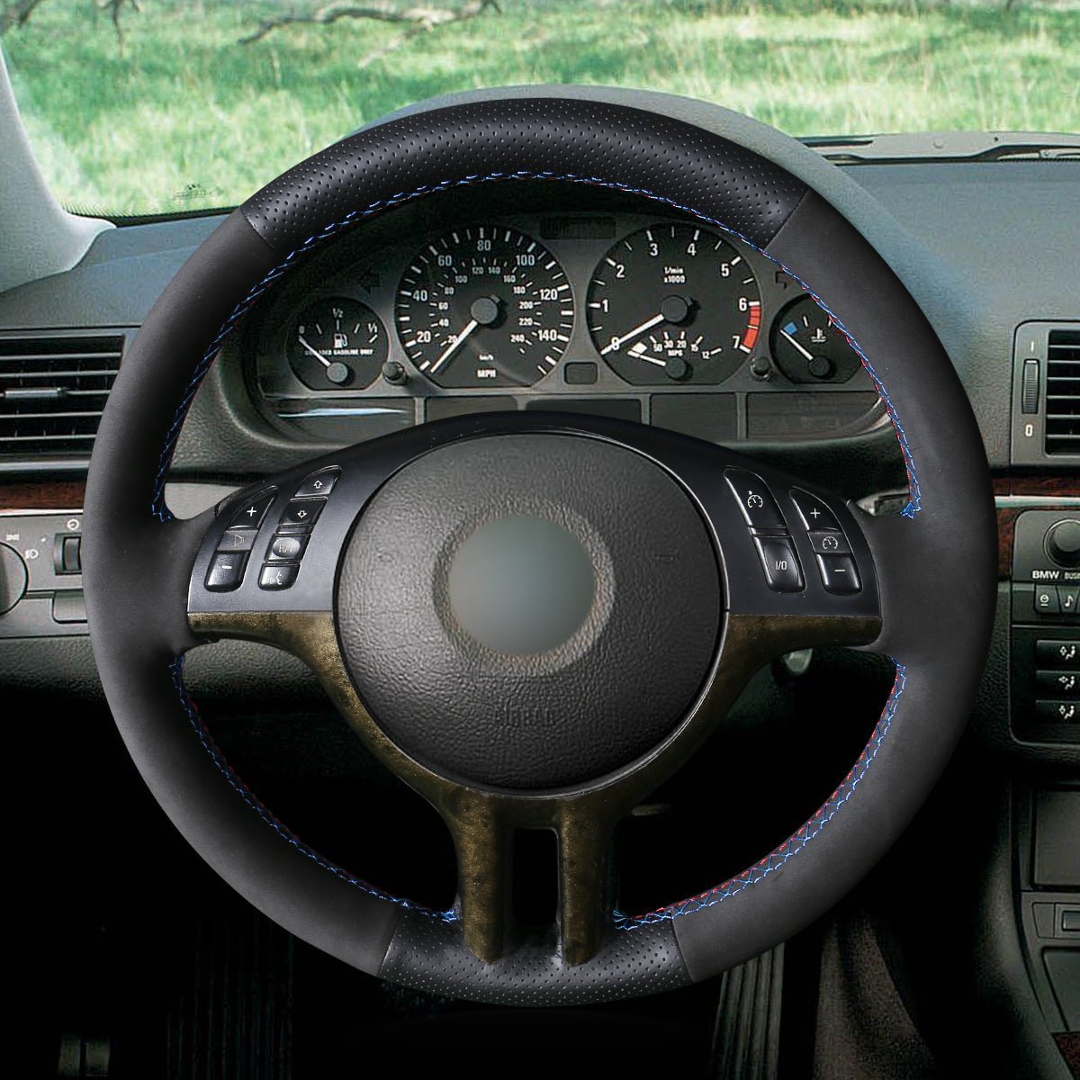 MEWANT Black Leather Suede Car Steering Wheel Cover for BMW E46 318i 325i 330ci / E39 / X5 E53 / Z3 E36/7 E36/8 - Alcantara, Leather, Carbon Fiber, Easy Install, Non - Slip, Best Steering Wheel Cover