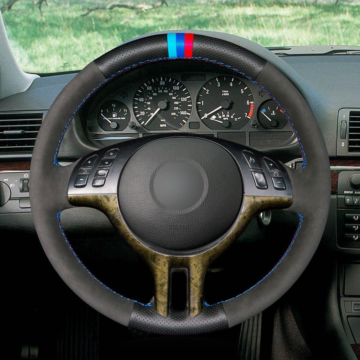 MEWANT Black Leather Suede Car Steering Wheel Cover for BMW E46 318i 325i 330ci / E39 / X5 E53 / Z3 E36/7 E36/8 - Alcantara, Leather, Carbon Fiber, Easy Install, Non - Slip, Best Steering Wheel Cover