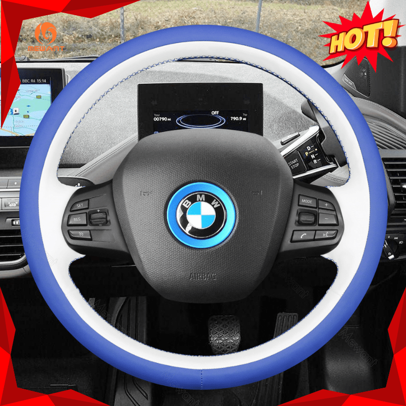MEWANT Black Leather Suede Car Steering Wheel Cover for BMW i3 2013 - 2022 - Alcantara, Leather, Carbon Fiber, Easy Install, Non - Slip, Best Steering Wheel Cover