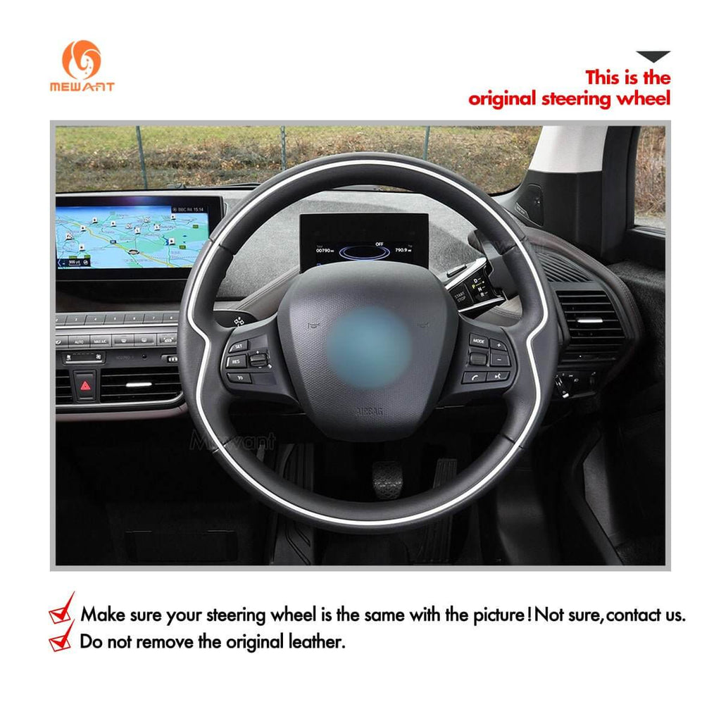 MEWANT Black Leather Suede Car Steering Wheel Cover for BMW i3 2013 - 2022 - Alcantara, Leather, Carbon Fiber, Easy Install, Non - Slip, Best Steering Wheel Cover