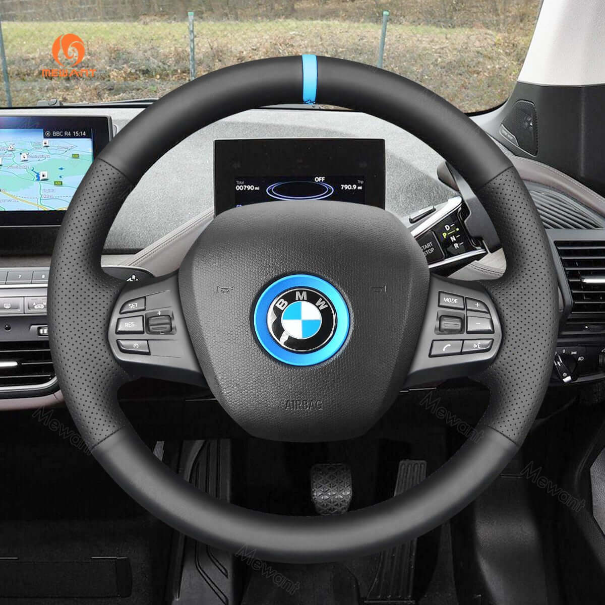 MEWANT Black Leather Suede Car Steering Wheel Cover for BMW i3 2013 - 2022 - Alcantara, Leather, Carbon Fiber, Easy Install, Non - Slip, Best Steering Wheel Cover