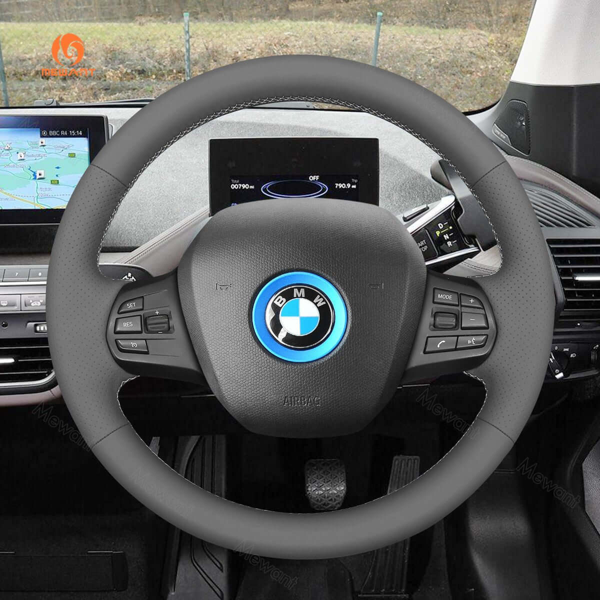 MEWANT Black Leather Suede Car Steering Wheel Cover for BMW i3 2013 - 2022 - Alcantara, Leather, Carbon Fiber, Easy Install, Non - Slip, Best Steering Wheel Cover