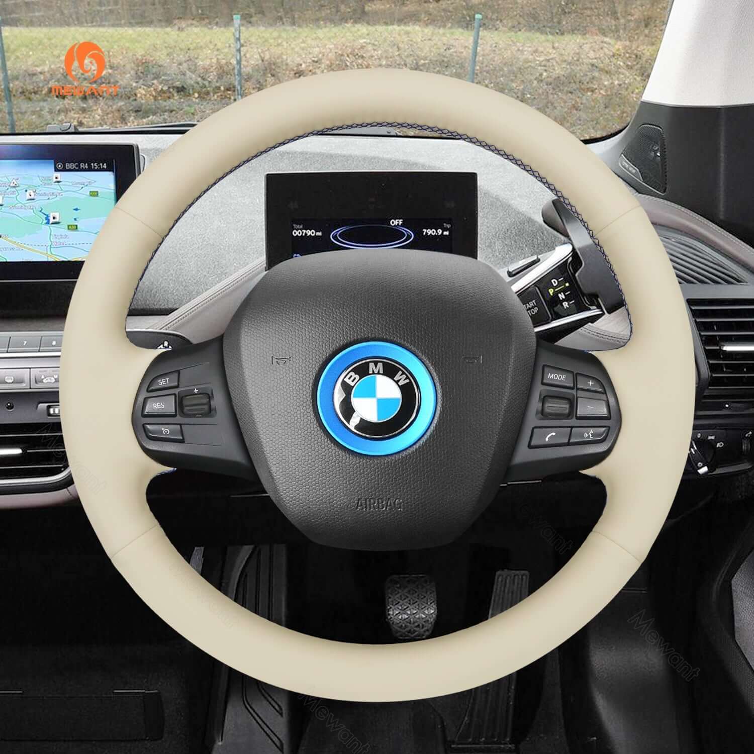 MEWANT Black Leather Suede Car Steering Wheel Cover for BMW i3 2013 - 2022 - Alcantara, Leather, Carbon Fiber, Easy Install, Non - Slip, Best Steering Wheel Cover