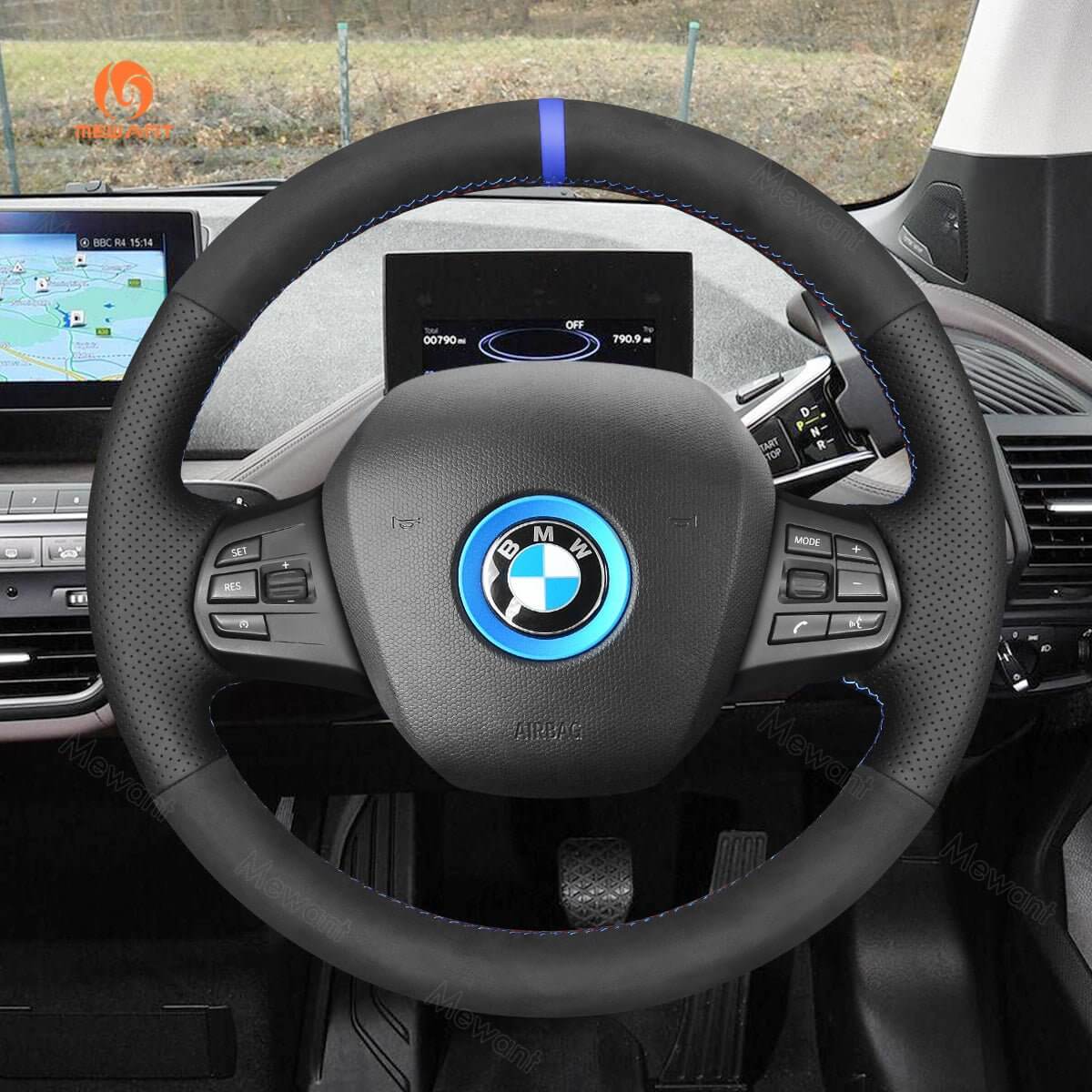 MEWANT Black Leather Suede Car Steering Wheel Cover for BMW i3 2013 - 2022 - Alcantara, Leather, Carbon Fiber, Easy Install, Non - Slip, Best Steering Wheel Cover