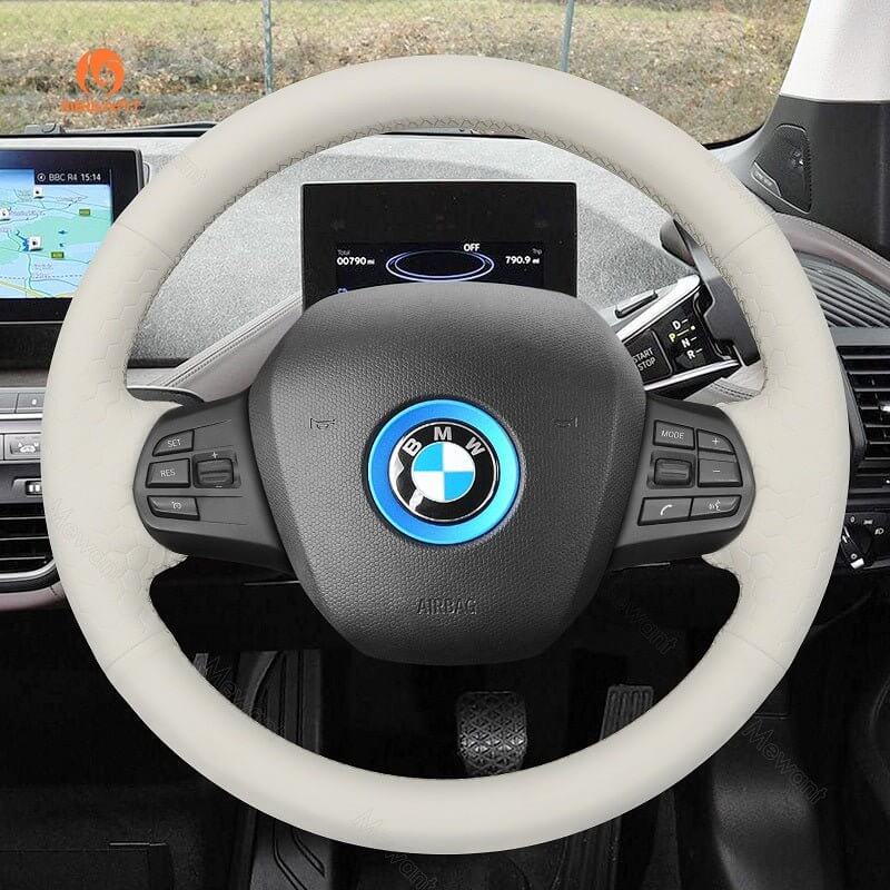 MEWANT Black Leather Suede Car Steering Wheel Cover for BMW i3 2013 - 2022 - Alcantara, Leather, Carbon Fiber, Easy Install, Non - Slip, Best Steering Wheel Cover