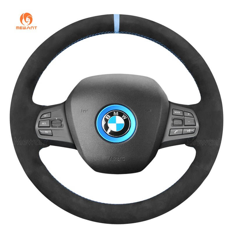 MEWANT Black Leather Suede Car Steering Wheel Cover for BMW i3 2013 - 2022 - Alcantara, Leather, Carbon Fiber, Easy Install, Non - Slip, Best Steering Wheel Cover