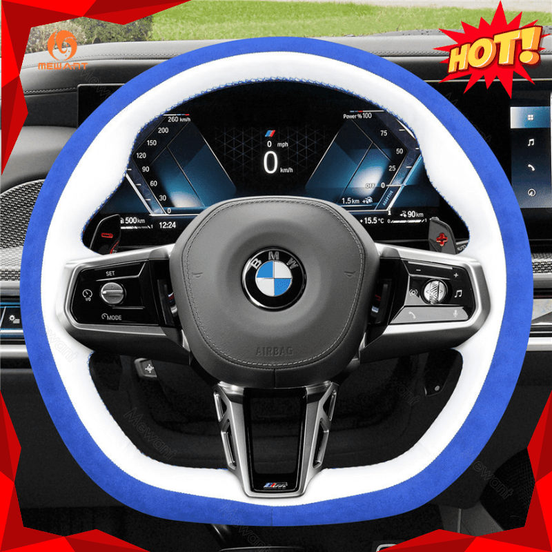 MEWANT Black Leather Suede Car Steering Wheel Cover for BMW M Sport 2023 - 2026 - Alcantara, Leather, Carbon Fiber, Easy Install, Non - Slip, Best Steering Wheel Cover