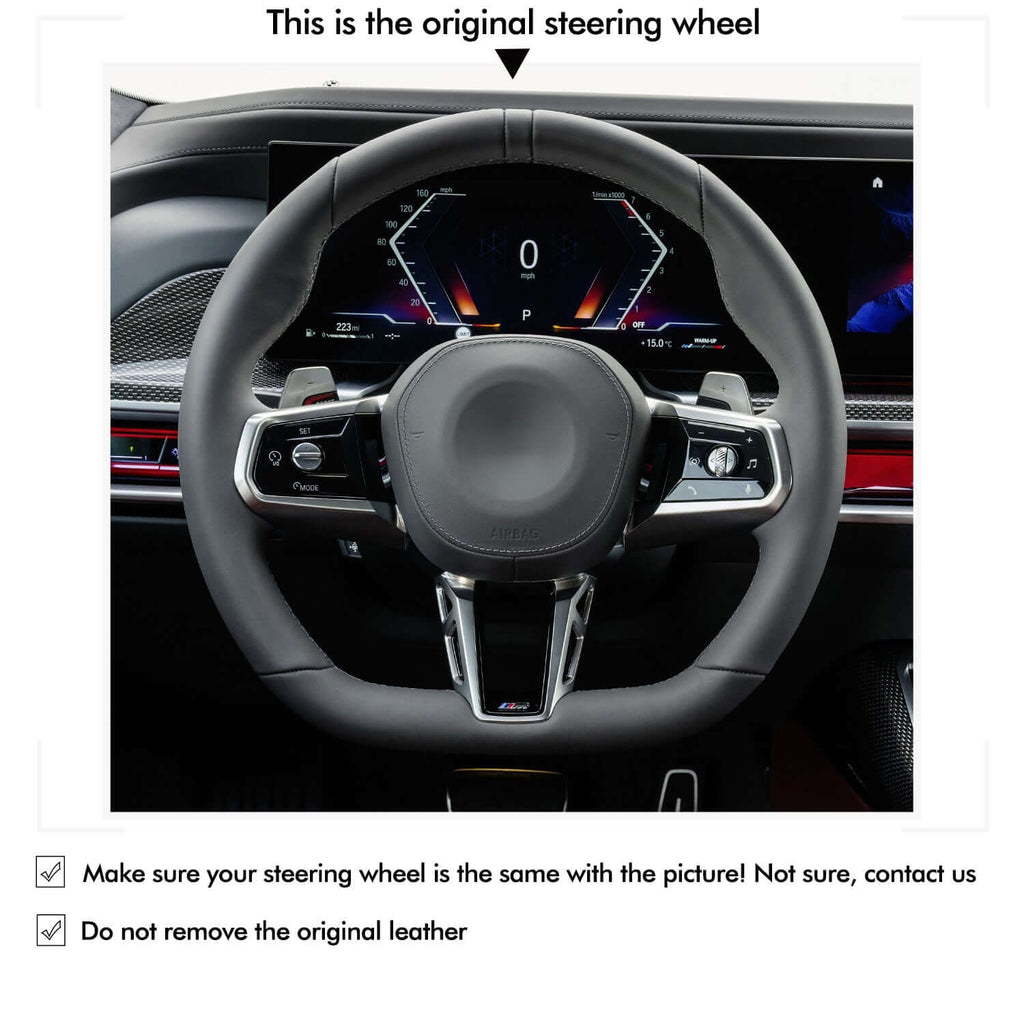 MEWANT Black Leather Suede Car Steering Wheel Cover for BMW M Sport 2023 - 2026 - Alcantara, Leather, Carbon Fiber, Easy Install, Non - Slip, Best Steering Wheel Cover