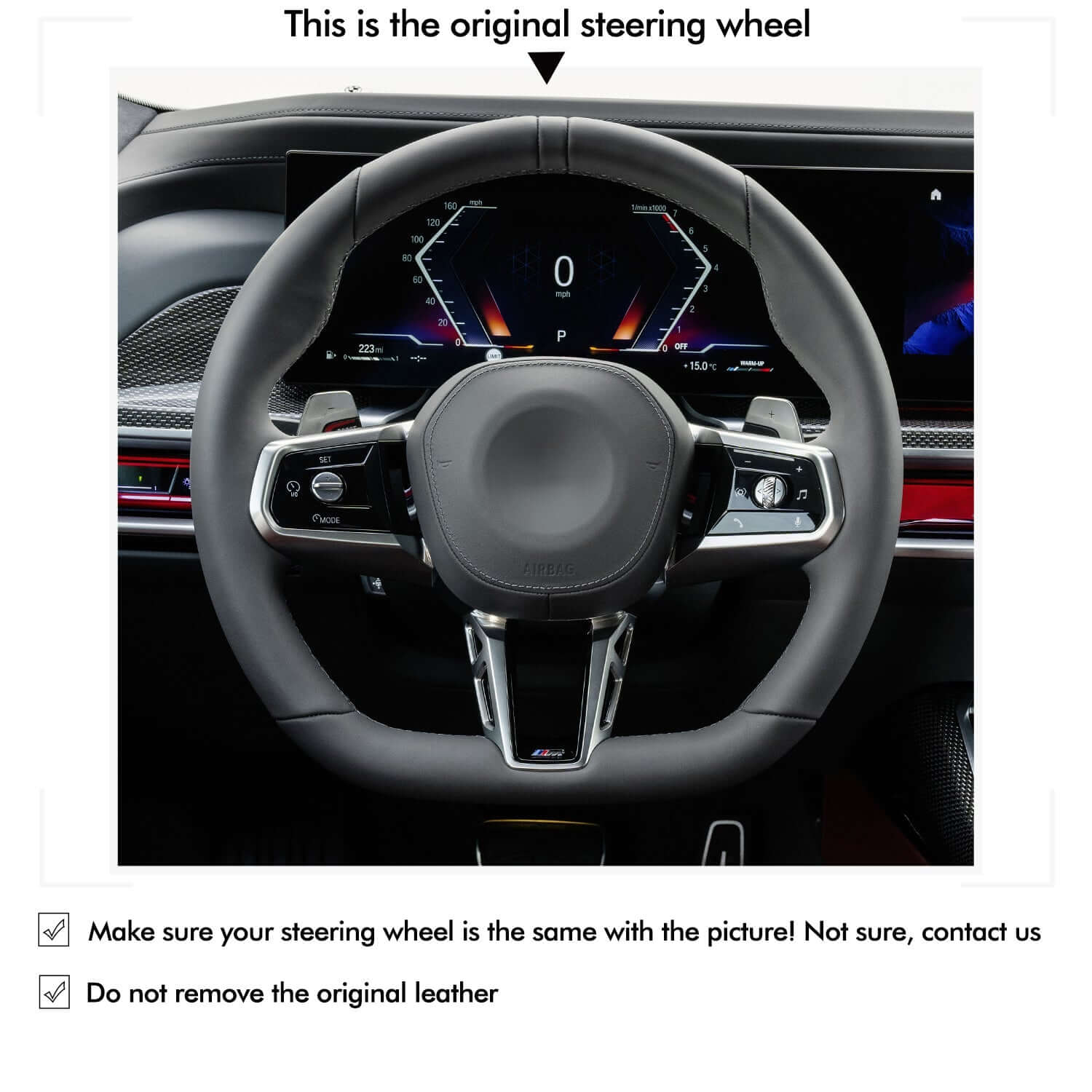MEWANT Black Leather Suede Car Steering Wheel Cover for BMW M Sport 2023 - 2026 - Alcantara, Leather, Carbon Fiber, Easy Install, Non - Slip, Best Steering Wheel Cover