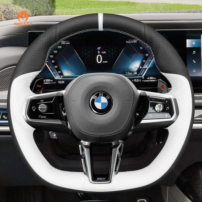 MEWANT Black Leather Suede Car Steering Wheel Cover for BMW M Sport 2023 - 2026 - Alcantara, Leather, Carbon Fiber, Easy Install, Non - Slip, Best Steering Wheel Cover