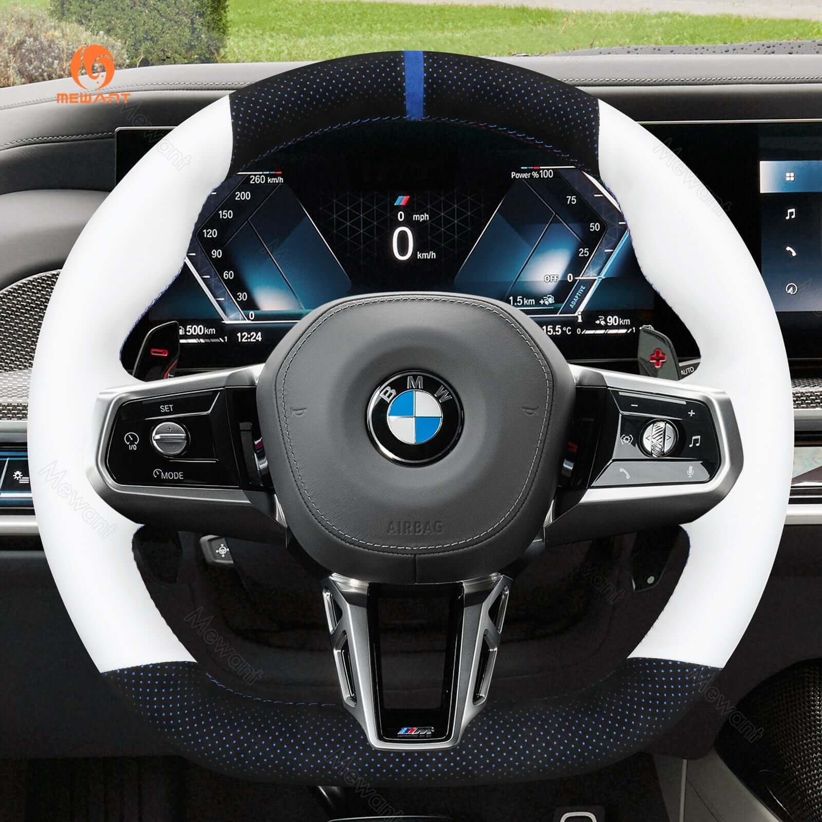 MEWANT Black Leather Suede Car Steering Wheel Cover for BMW M Sport 2023 - 2026 - Alcantara, Leather, Carbon Fiber, Easy Install, Non - Slip, Best Steering Wheel Cover