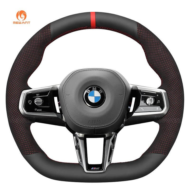 MEWANT Black Leather Suede Car Steering Wheel Cover for BMW M Sport 2023 - 2026 - Alcantara, Leather, Carbon Fiber, Easy Install, Non - Slip, Best Steering Wheel Cover
