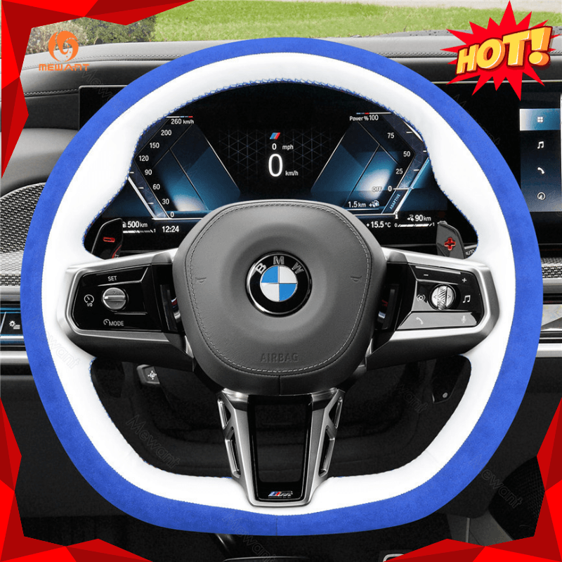 MEWANT Black Leather Suede Car Steering Wheel Cover for BMW M Sport 2023 - 2026 - Alcantara, Leather, Carbon Fiber, Easy Install, Non - Slip, Best Steering Wheel Cover