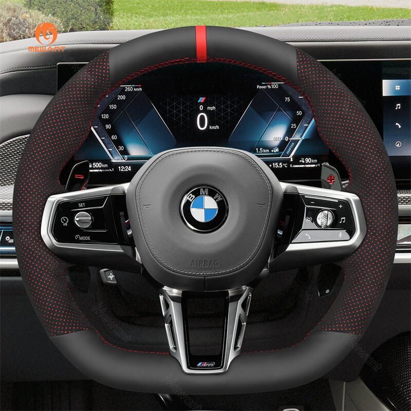 MEWANT Black Leather Suede Car Steering Wheel Cover for BMW M Sport 2023 - 2026 - Alcantara, Leather, Carbon Fiber, Easy Install, Non - Slip, Best Steering Wheel Cover