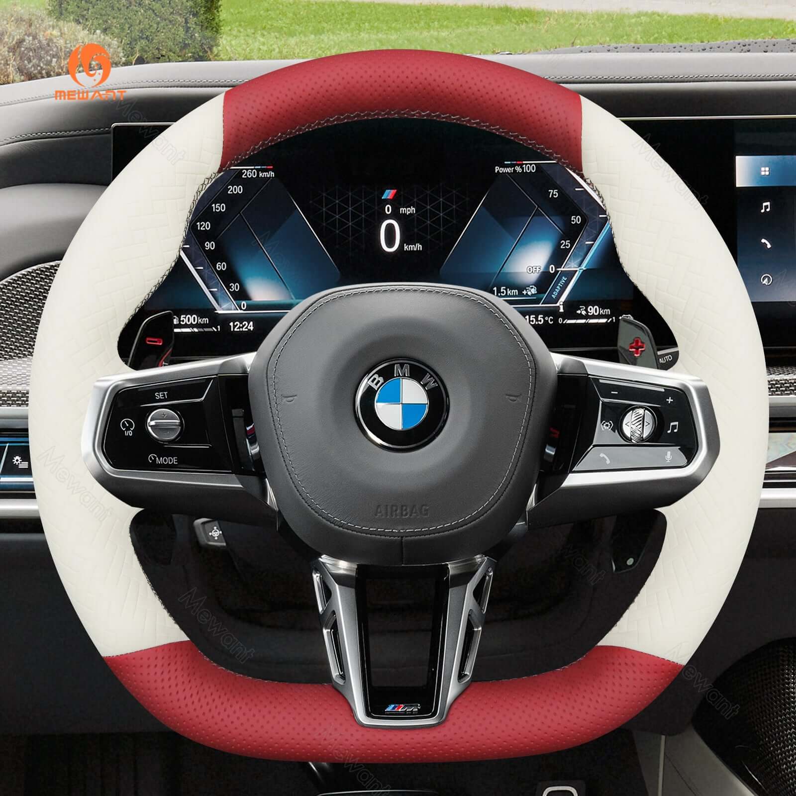 MEWANT Black Leather Suede Car Steering Wheel Cover for BMW M Sport 2023 - 2026 - Alcantara, Leather, Carbon Fiber, Easy Install, Non - Slip, Best Steering Wheel Cover