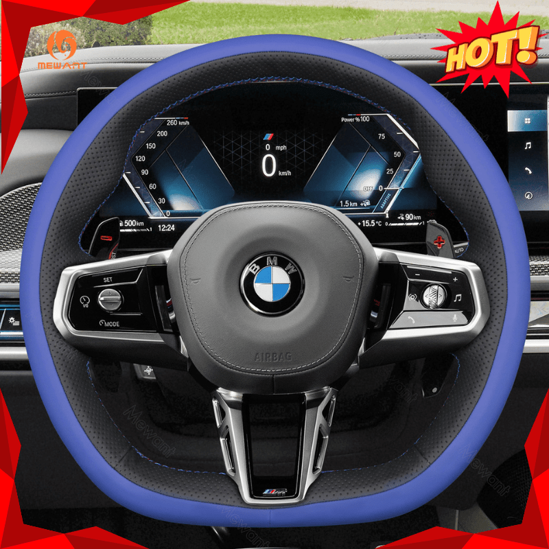 MEWANT Black Leather Suede Car Steering Wheel Cover for BMW M Sport 2023 - 2026 - Alcantara, Leather, Carbon Fiber, Easy Install, Non - Slip, Best Steering Wheel Cover