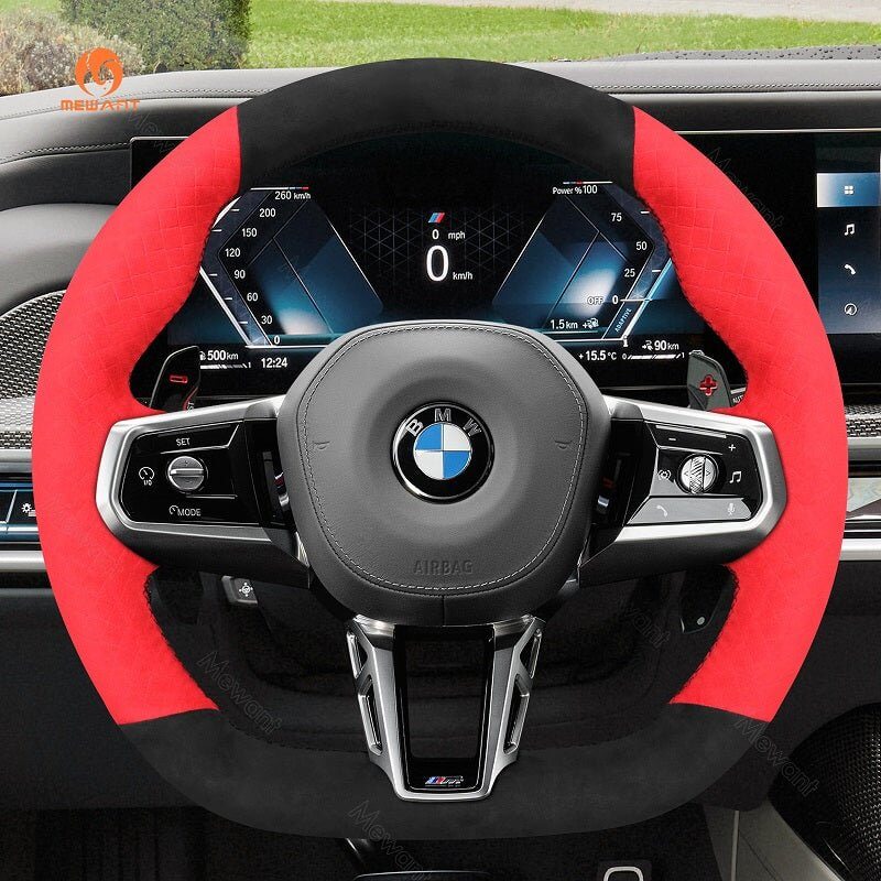MEWANT Black Leather Suede Car Steering Wheel Cover for BMW M Sport 2023 - 2026 - Alcantara, Leather, Carbon Fiber, Easy Install, Non - Slip, Best Steering Wheel Cover