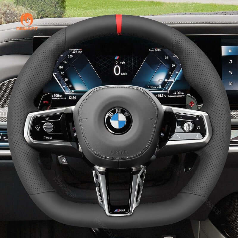 MEWANT Black Leather Suede Car Steering Wheel Cover for BMW M Sport 2023 - 2026 - Alcantara, Leather, Carbon Fiber, Easy Install, Non - Slip, Best Steering Wheel Cover