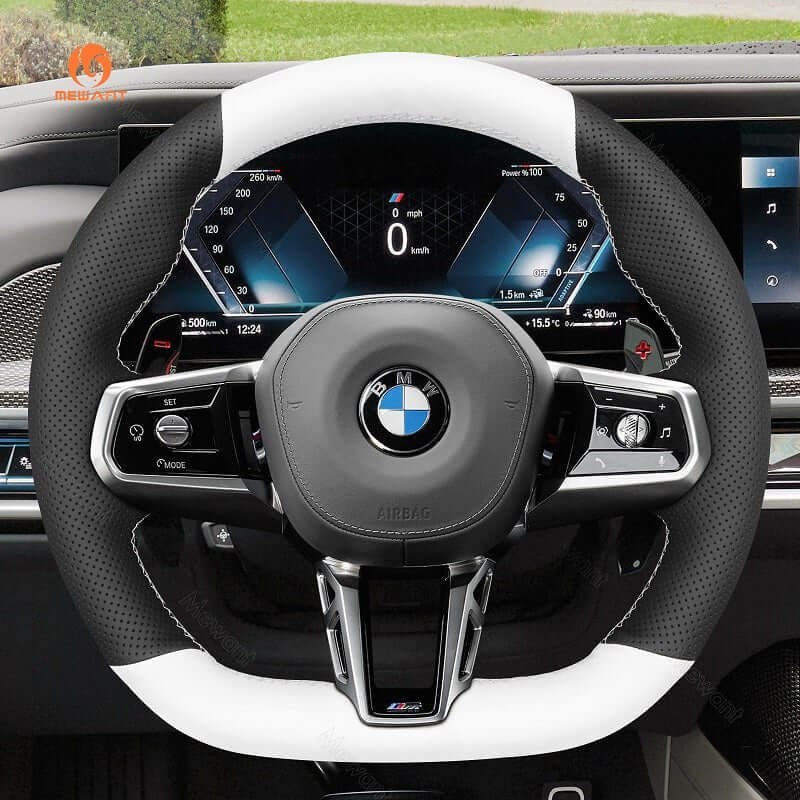 MEWANT Black Leather Suede Car Steering Wheel Cover for BMW M Sport 2023 - 2026 - Alcantara, Leather, Carbon Fiber, Easy Install, Non - Slip, Best Steering Wheel Cover