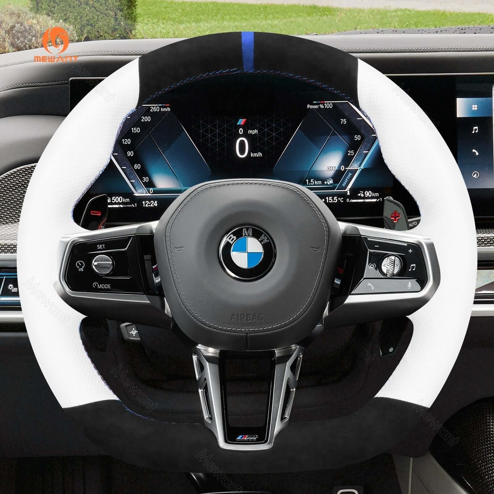 MEWANT Black Leather Suede Car Steering Wheel Cover for BMW M Sport 2023 - 2026 - Alcantara, Leather, Carbon Fiber, Easy Install, Non - Slip, Best Steering Wheel Cover