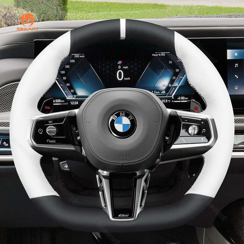 MEWANT Black Leather Suede Car Steering Wheel Cover for BMW M Sport 2023 - 2026 - Alcantara, Leather, Carbon Fiber, Easy Install, Non - Slip, Best Steering Wheel Cover