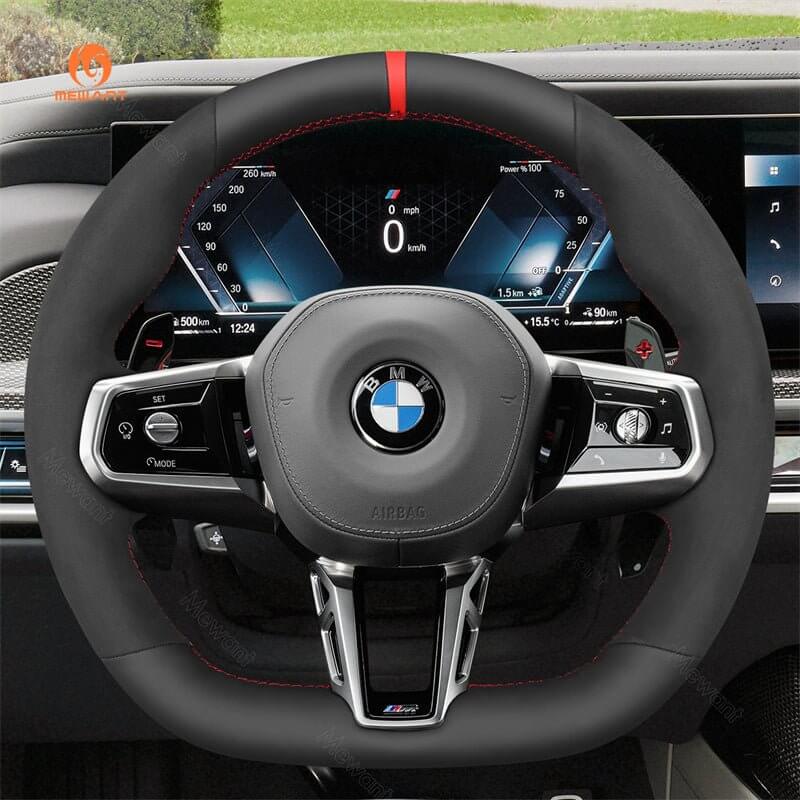 MEWANT Black Leather Suede Car Steering Wheel Cover for BMW M Sport 2023 - 2026 - Alcantara, Leather, Carbon Fiber, Easy Install, Non - Slip, Best Steering Wheel Cover