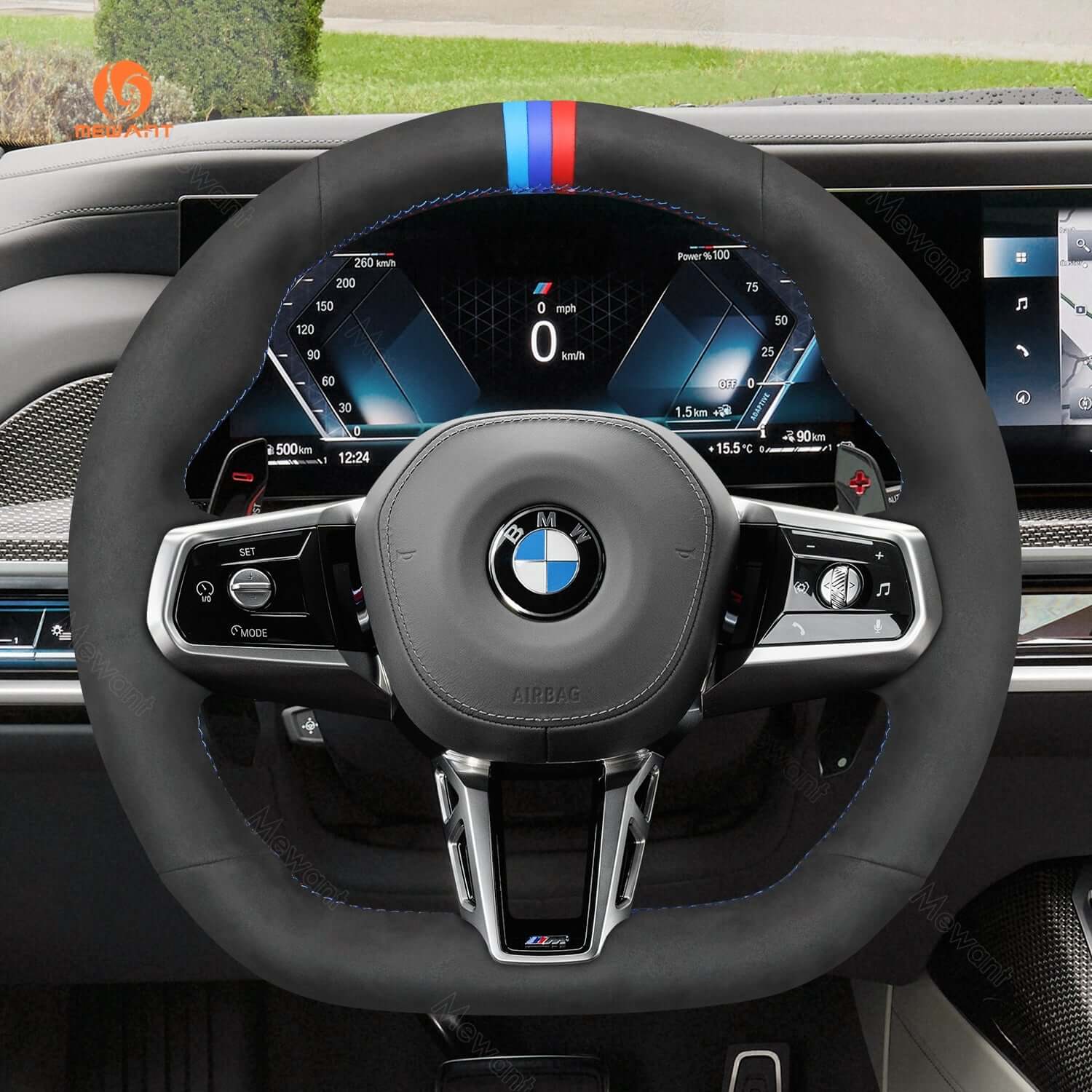 MEWANT Black Leather Suede Car Steering Wheel Cover for BMW M Sport 2023 - 2026 - Alcantara, Leather, Carbon Fiber, Easy Install, Non - Slip, Best Steering Wheel Cover