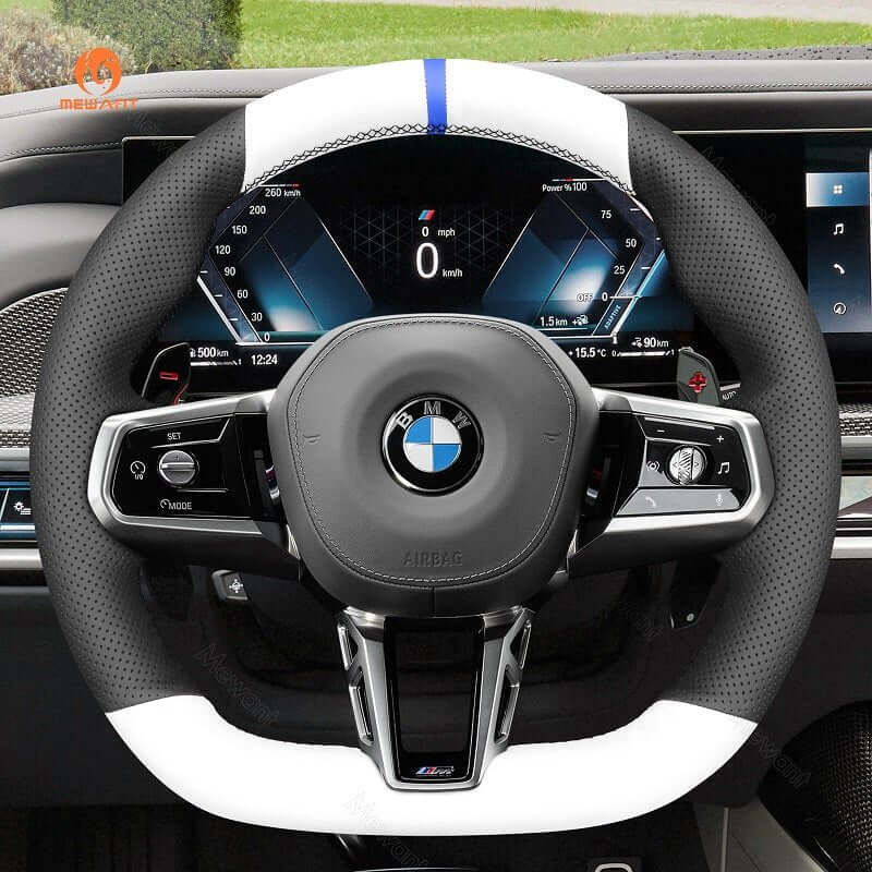 MEWANT Black Leather Suede Car Steering Wheel Cover for BMW M Sport 2023 - 2026 - Alcantara, Leather, Carbon Fiber, Easy Install, Non - Slip, Best Steering Wheel Cover
