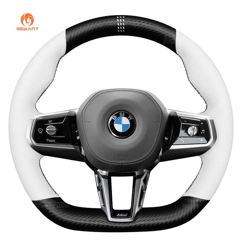 MEWANT Black Leather Suede Car Steering Wheel Cover for BMW M Sport 2023 - 2026 - Alcantara, Leather, Carbon Fiber, Easy Install, Non - Slip, Best Steering Wheel Cover