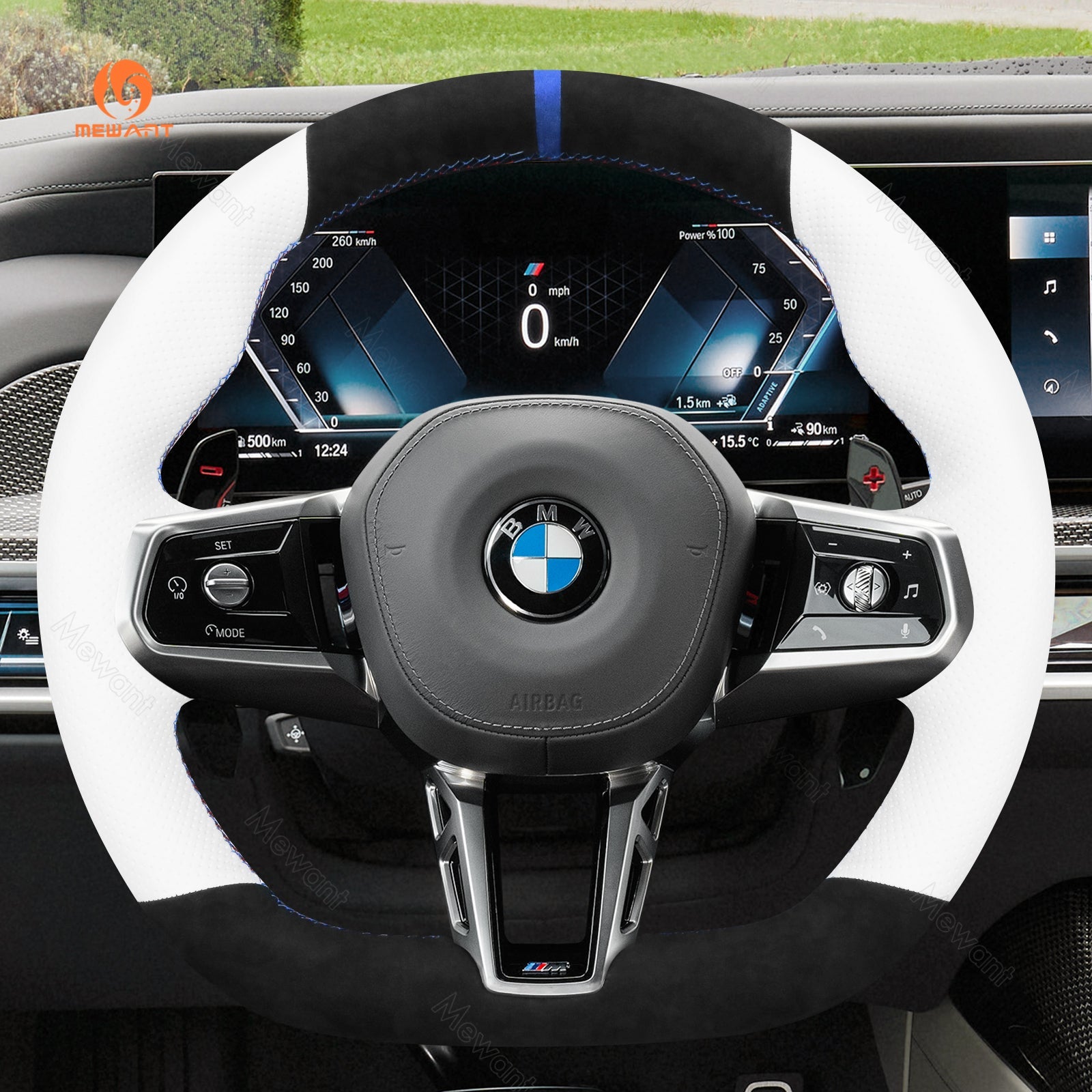 MEWANT Black Leather Suede Car Steering Wheel Cover for BMW M Sport - Alcantara, Leather, Carbon Fiber, Easy Install, Non - Slip, Best Steering Wheel Cover