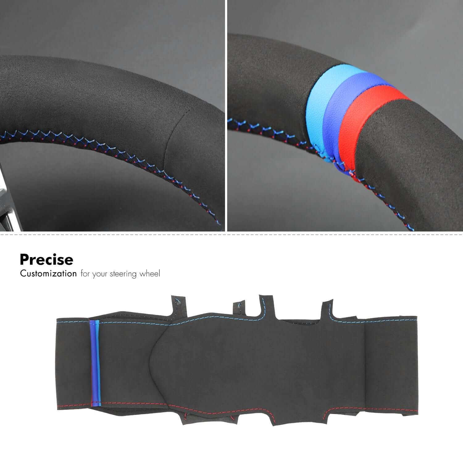 MEWANT Black Leather Suede Car Steering Wheel Cover for BMW X1 U11 / X2 U10 / (M Sport) 2 Series U06 (Active Tourer) / iX1 U11 / iX2 U10 - Alcantara, Leather, Carbon Fiber, Easy Install, Non - Slip, Best Steering Wheel Cover