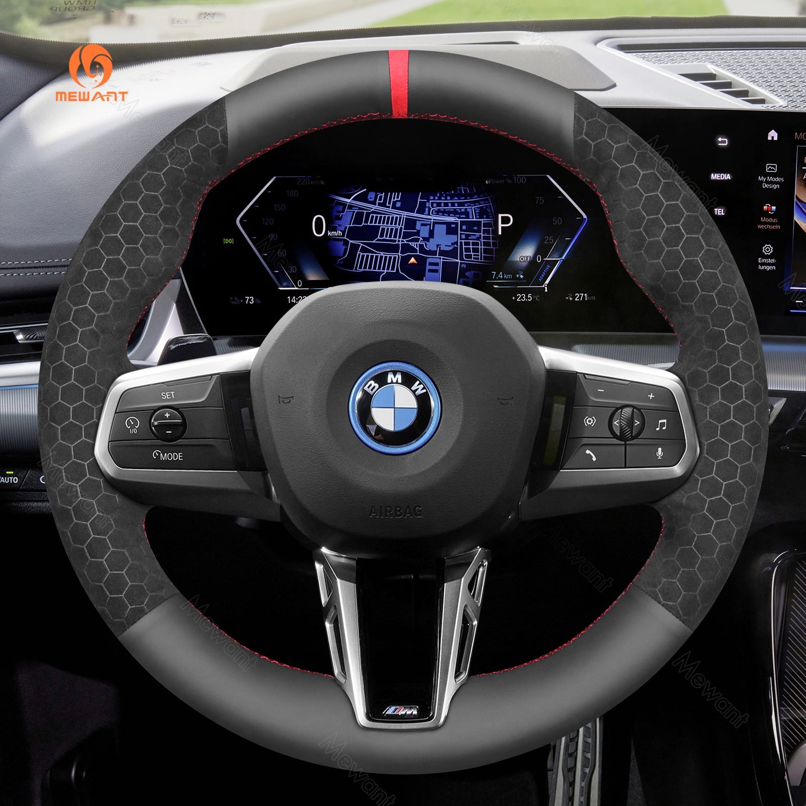 MEWANT Black Leather Suede Car Steering Wheel Cover for BMW X1 U11 / X2 U10 / (M Sport) 2 Series U06 (Active Tourer) / iX1 U11 / iX2 U10 - Alcantara, Leather, Carbon Fiber, Easy Install, Non - Slip, Best Steering Wheel Cover