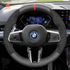 MEWANT Black Leather Suede Car Steering Wheel Cover for BMW X1 U11 / X2 U10 / (M Sport) 2 Series U06 (Active Tourer) / iX1 U11 / iX2 U10 - Alcantara, Leather, Carbon Fiber, Easy Install, Non - Slip, Best Steering Wheel Cover