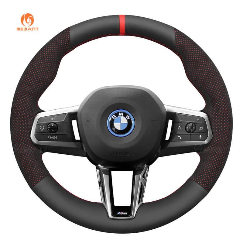 MEWANT Black Leather Suede Car Steering Wheel Cover for BMW X1 U11 / X2 U10 / (M Sport) 2 Series U06 (Active Tourer) / iX1 U11 / iX2 U10 - Alcantara, Leather, Carbon Fiber, Easy Install, Non - Slip, Best Steering Wheel Cover