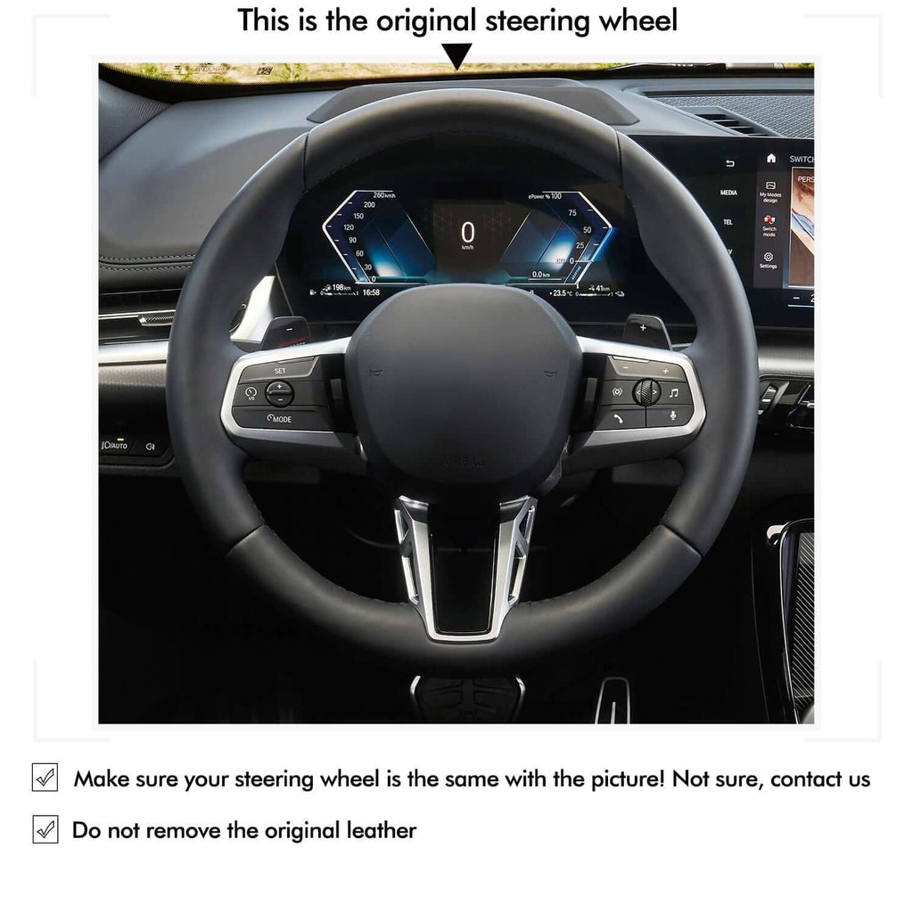 MEWANT Black Leather Suede Car Steering Wheel Cover for BMW X1 U11 / X2 U10 / (M Sport) 2 Series U06 (Active Tourer) / iX1 U11 / iX2 U10 - Alcantara, Leather, Carbon Fiber, Easy Install, Non - Slip, Best Steering Wheel Cover