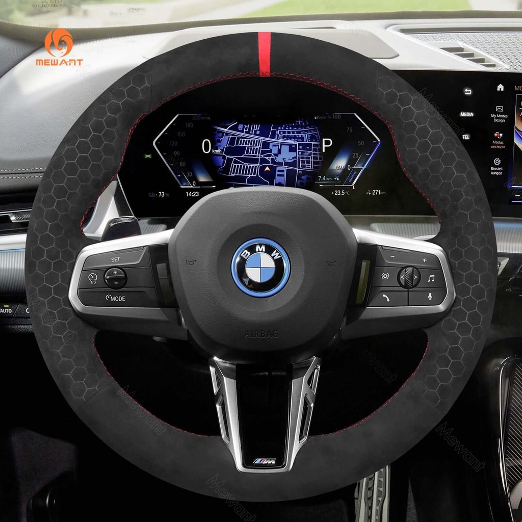 MEWANT Black Leather Suede Car Steering Wheel Cover for BMW X1 U11 / X2 U10 / (M Sport) 2 Series U06 (Active Tourer) / iX1 U11 / iX2 U10 - Alcantara, Leather, Carbon Fiber, Easy Install, Non - Slip, Best Steering Wheel Cover