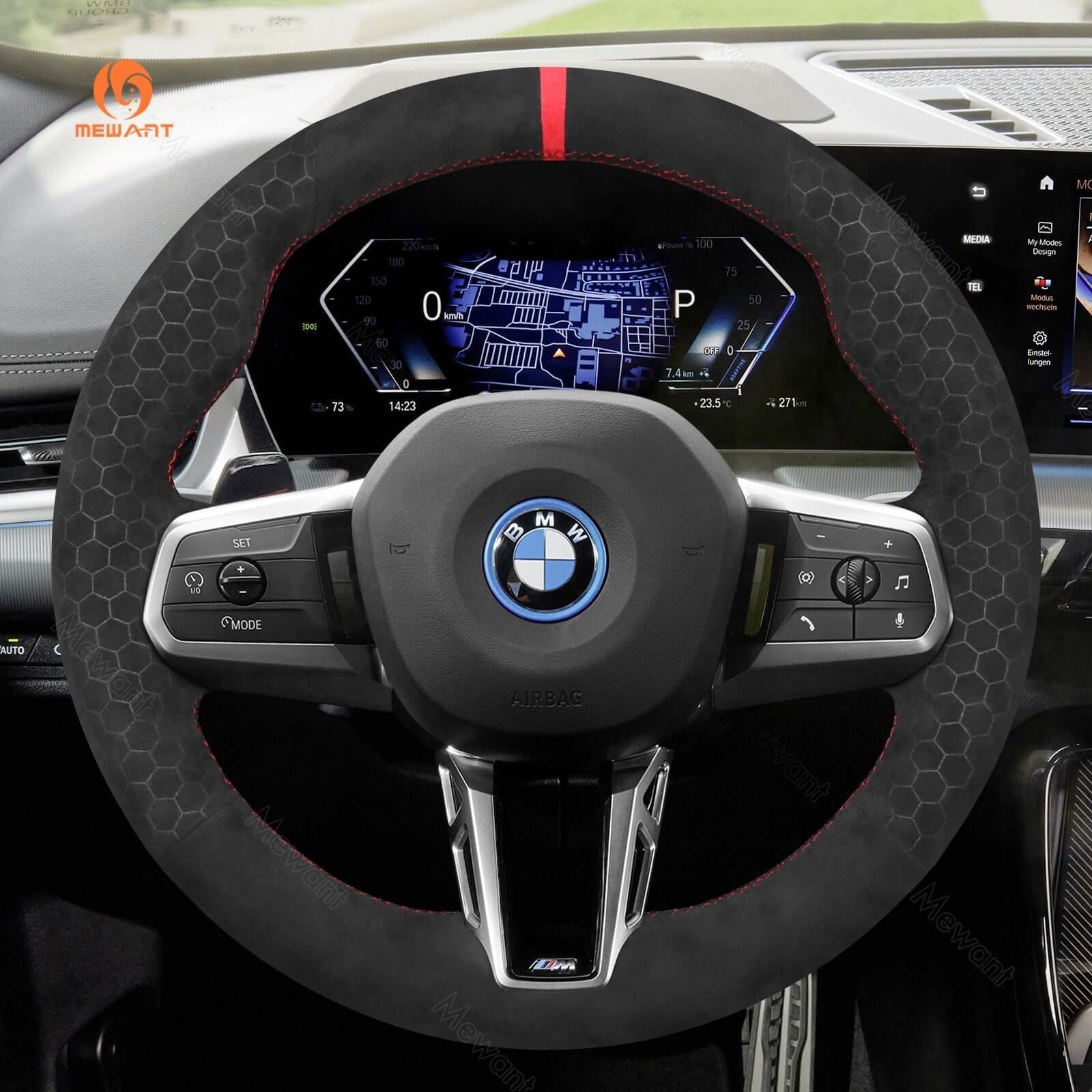 MEWANT Black Leather Suede Car Steering Wheel Cover for BMW X1 U11 / X2 U10 / (M Sport) 2 Series U06 (Active Tourer) / iX1 U11 / iX2 U10 - Alcantara, Leather, Carbon Fiber, Easy Install, Non - Slip, Best Steering Wheel Cover