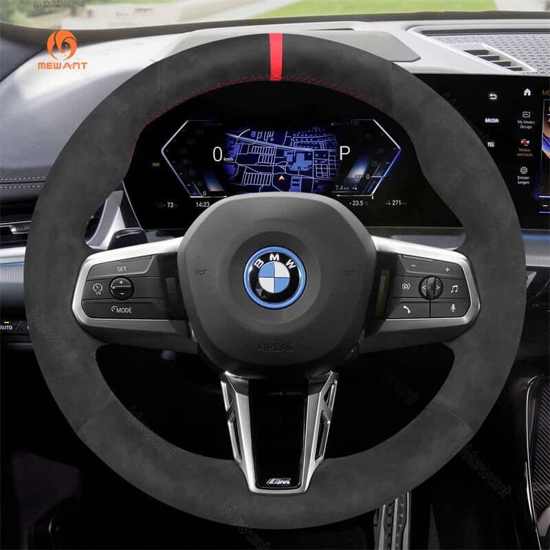 MEWANT Black Leather Suede Car Steering Wheel Cover for BMW X1 U11 / X2 U10 / (M Sport) 2 Series U06 (Active Tourer) / iX1 U11 / iX2 U10 - Alcantara, Leather, Carbon Fiber, Easy Install, Non - Slip, Best Steering Wheel Cover
