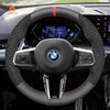 MEWANT Black Leather Suede Car Steering Wheel Cover for BMW X1 U11 / X2 U10 / (M Sport) 2 Series U06 (Active Tourer) / iX1 U11 / iX2 U10 - Alcantara, Leather, Carbon Fiber, Easy Install, Non - Slip, Best Steering Wheel Cover