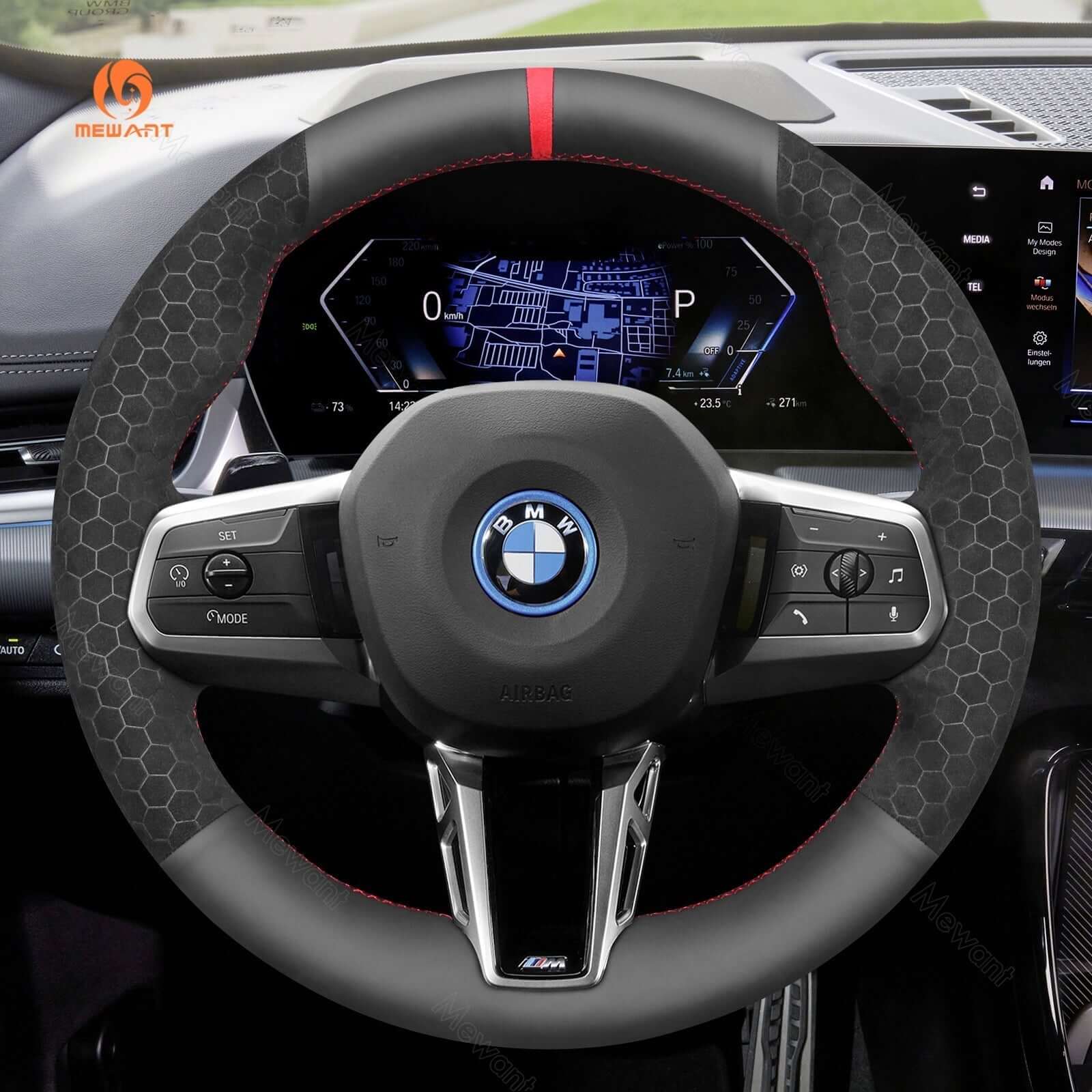 MEWANT Black Leather Suede Car Steering Wheel Cover for BMW X1 U11 / X2 U10 / (M Sport) 2 Series U06 (Active Tourer) / iX1 U11 / iX2 U10 - Alcantara, Leather, Carbon Fiber, Easy Install, Non - Slip, Best Steering Wheel Cover