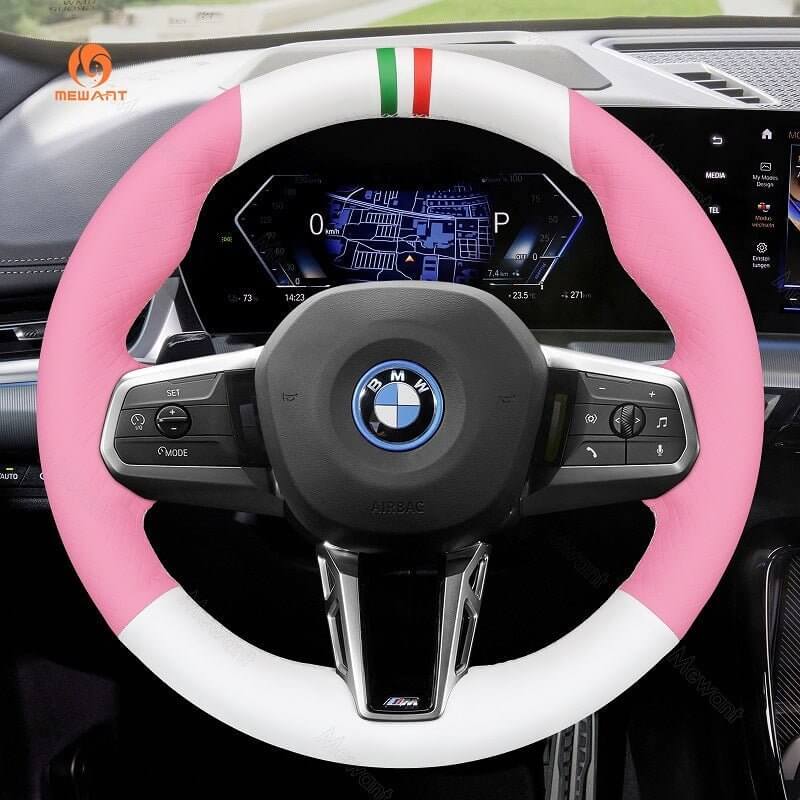 MEWANT Black Leather Suede Car Steering Wheel Cover for BMW X1 U11 / X2 U10 / (M Sport) 2 Series U06 (Active Tourer) / iX1 U11 / iX2 U10 - Alcantara, Leather, Carbon Fiber, Easy Install, Non - Slip, Best Steering Wheel Cover