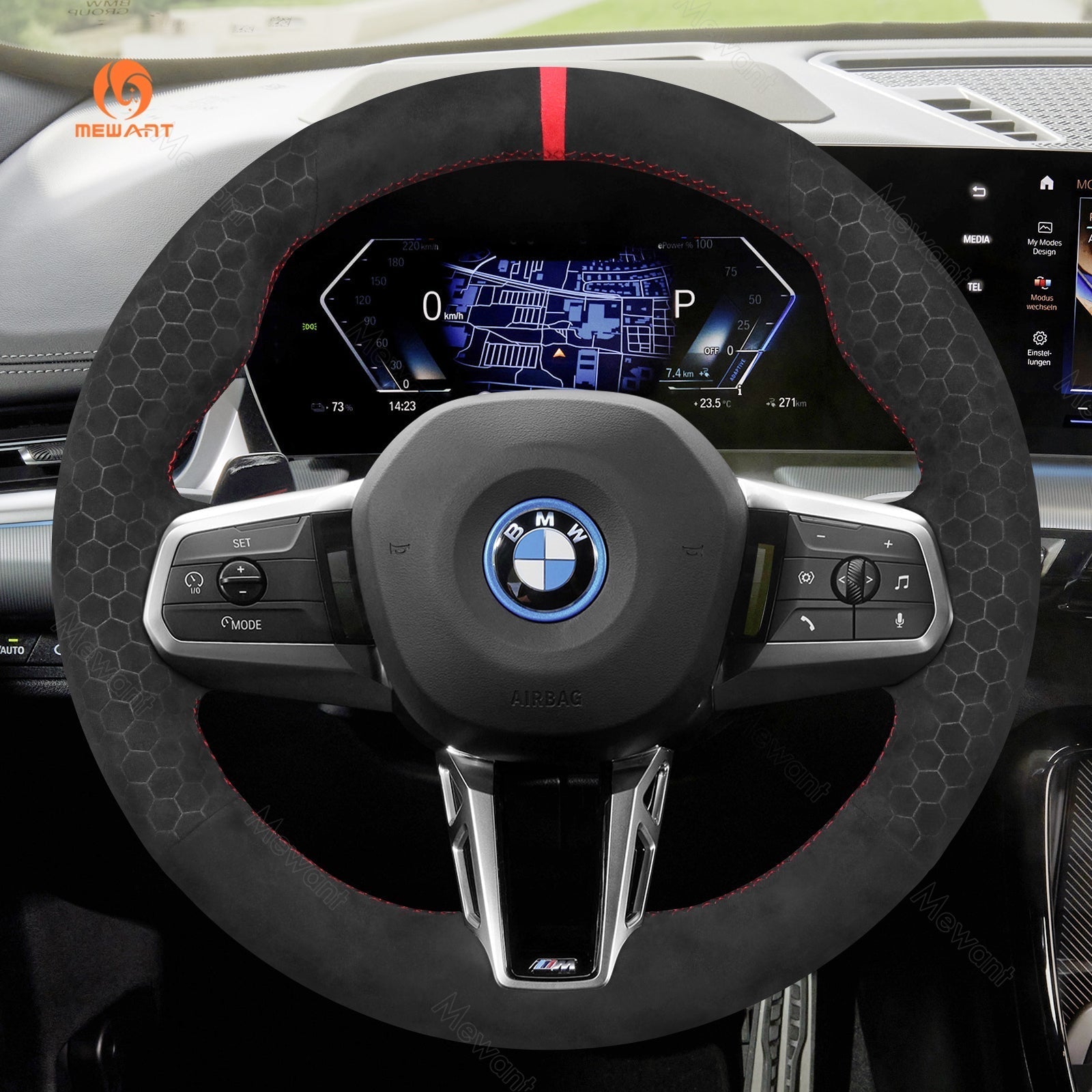 MEWANT Black Leather Suede Car Steering Wheel Cover for BMW X1 U11 / X2 U10 / (M Sport) 2 Series U06 (Active Tourer) / iX1 U11 / iX2 U10 - Alcantara, Leather, Carbon Fiber, Easy Install, Non - Slip, Best Steering Wheel Cover