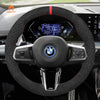 MEWANT Black Leather Suede Car Steering Wheel Cover for BMW X1 U11 / X2 U10 / (M Sport) 2 Series U06 (Active Tourer) / iX1 U11 / iX2 U10 - Alcantara, Leather, Carbon Fiber, Easy Install, Non - Slip, Best Steering Wheel Cover