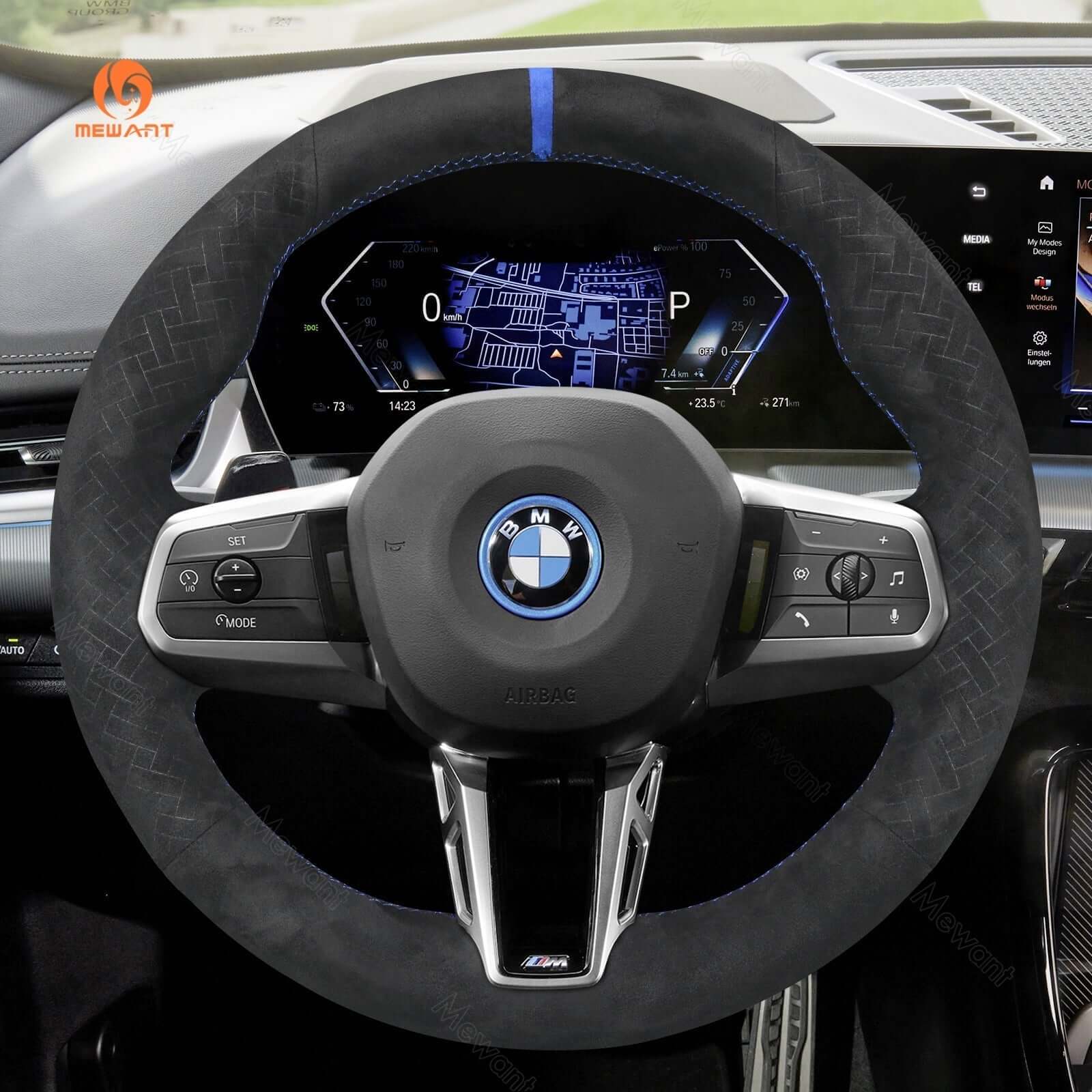 MEWANT Black Leather Suede Car Steering Wheel Cover for BMW X1 U11 / X2 U10 / (M Sport) 2 Series U06 (Active Tourer) / iX1 U11 / iX2 U10 - Alcantara, Leather, Carbon Fiber, Easy Install, Non - Slip, Best Steering Wheel Cover