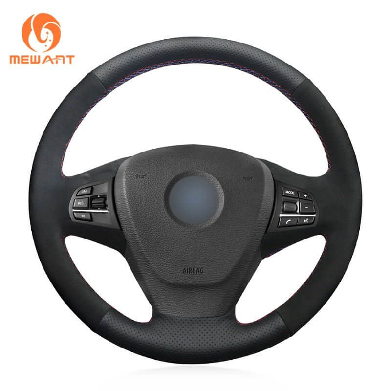 MEWANT Black Leather Suede Car Steering Wheel Cover for BMW X3 F25 2011 - 2013 / X5 F15 2014 - Alcantara, Leather, Carbon Fiber, Easy Install, Non - Slip, Best Steering Wheel Cover
