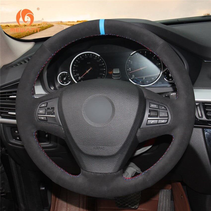 MEWANT Black Leather Suede Car Steering Wheel Cover for BMW X3 F25 2011 - 2013 / X5 F15 2014 - Alcantara, Leather, Carbon Fiber, Easy Install, Non - Slip, Best Steering Wheel Cover